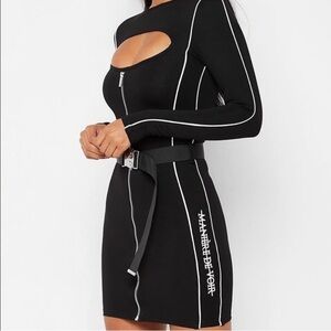 Maniere De Voir Black Long Sleeve Dress with White Piping